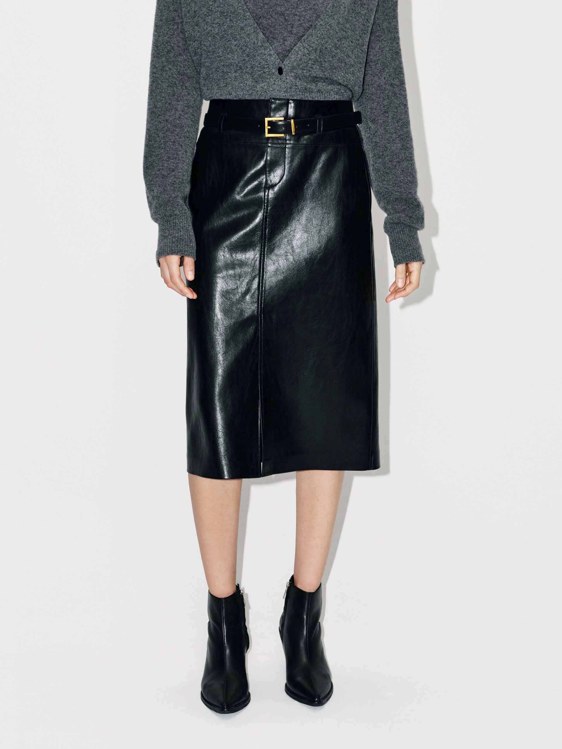 Elasticized Cuffs Front Slit Leather Midi Skirt