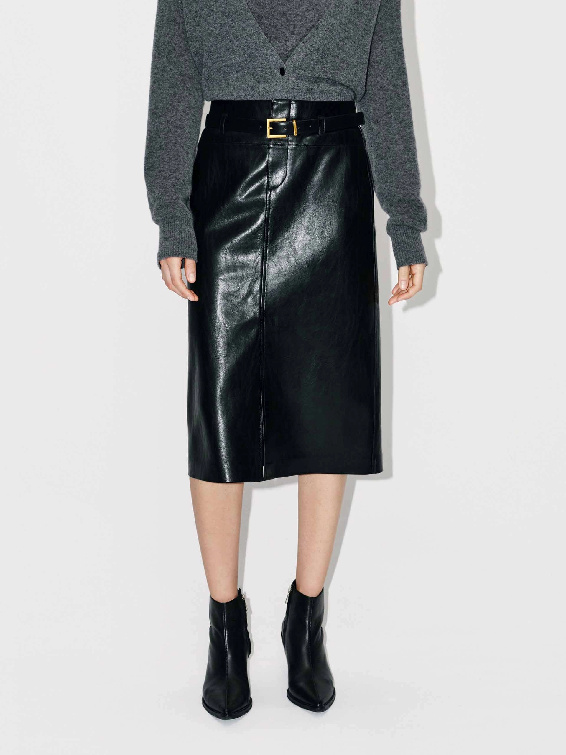 Thermal Lining All Day Wear Front Slit Leather Midi Skirt