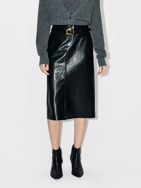 BreathableMaterial Front Slit Leather Midi Skirt