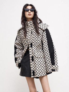 Contrast Quilted Jacquard Down Jacket Reinforced Shoulders BondedSeams