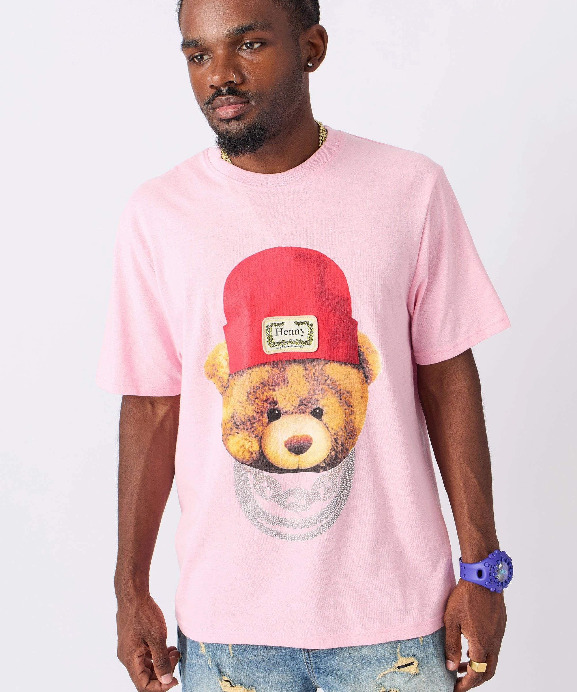 NonRestrictiveSilhouette Teddy Rhinestone Short Sleeve Tee - Pink