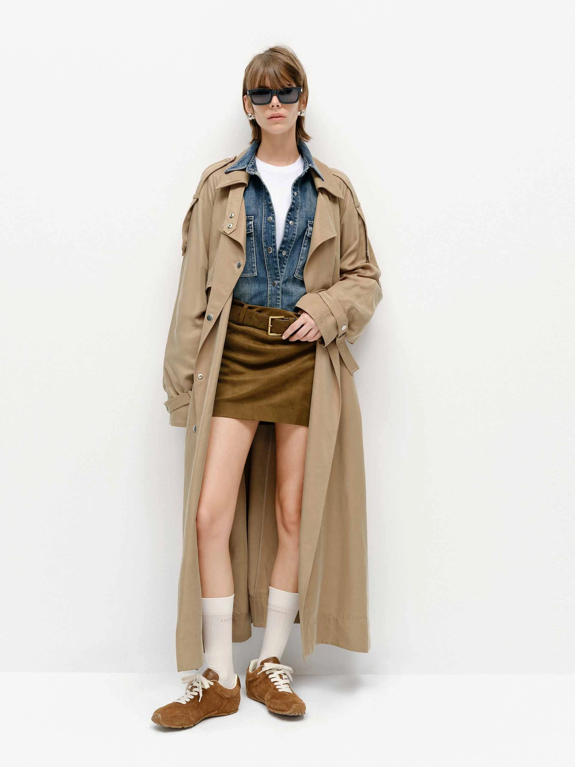 Belted Longline Trench Coat Water Resistant Fabric MagneticClosure