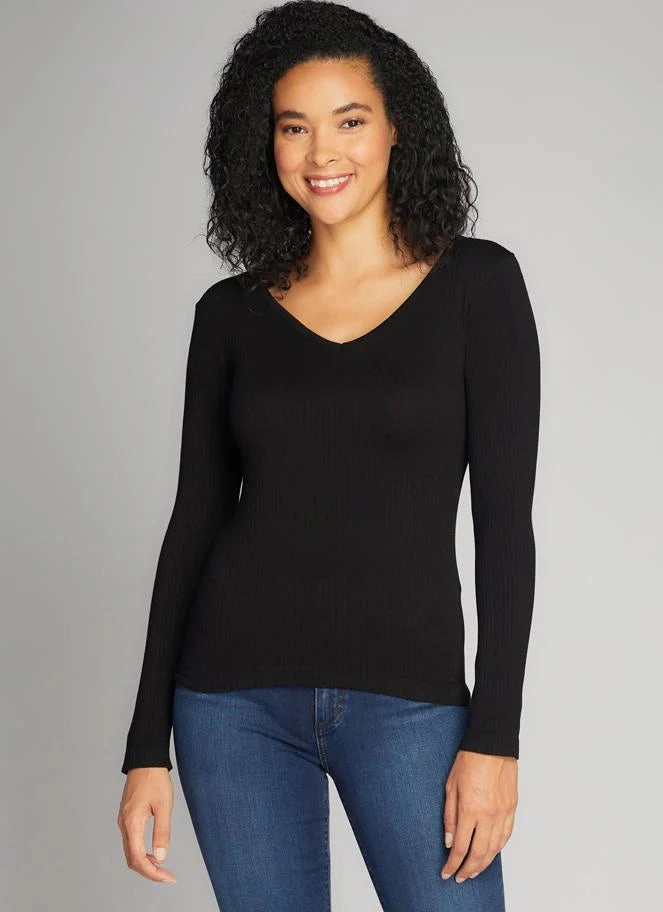Tapered Cut Seamless Rib V-Neck Top