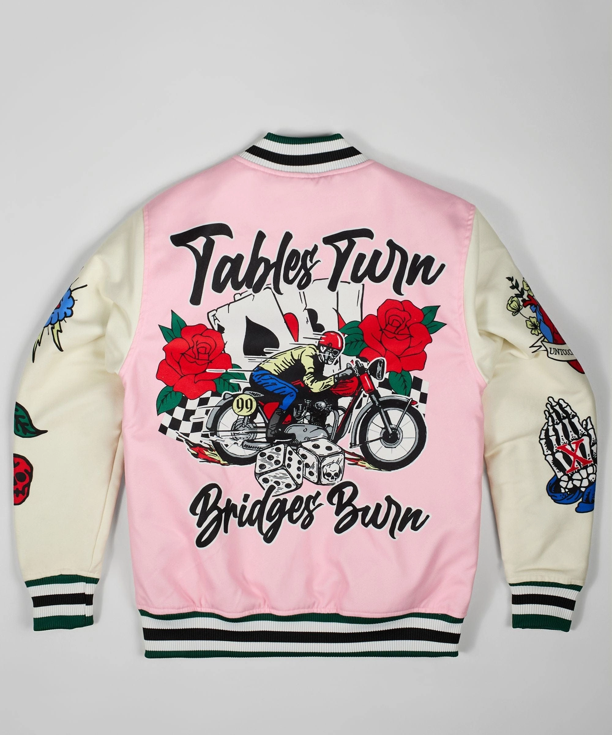 Lightweight Thermal Tech Bridges Burn Chenille Patched Varsity Jacket - Pink