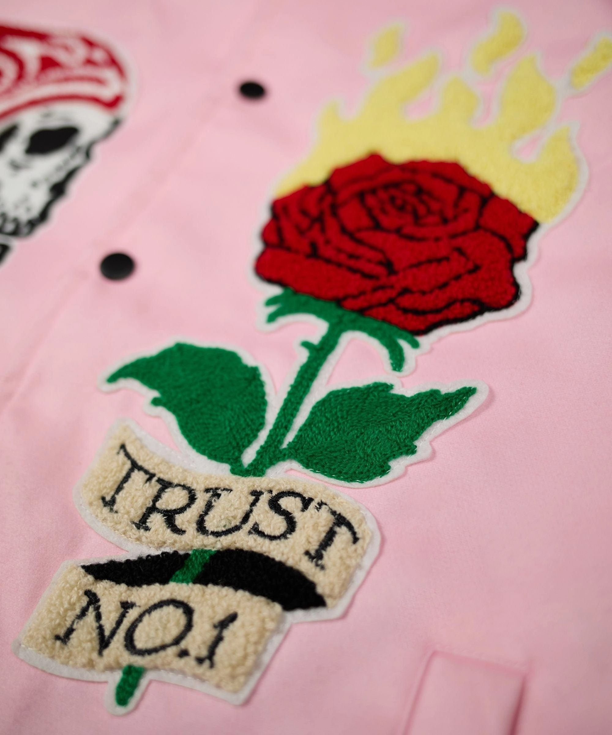 Bridges Burn Chenille Patched Varsity Jacket - Pink MoistureWickingTechnology