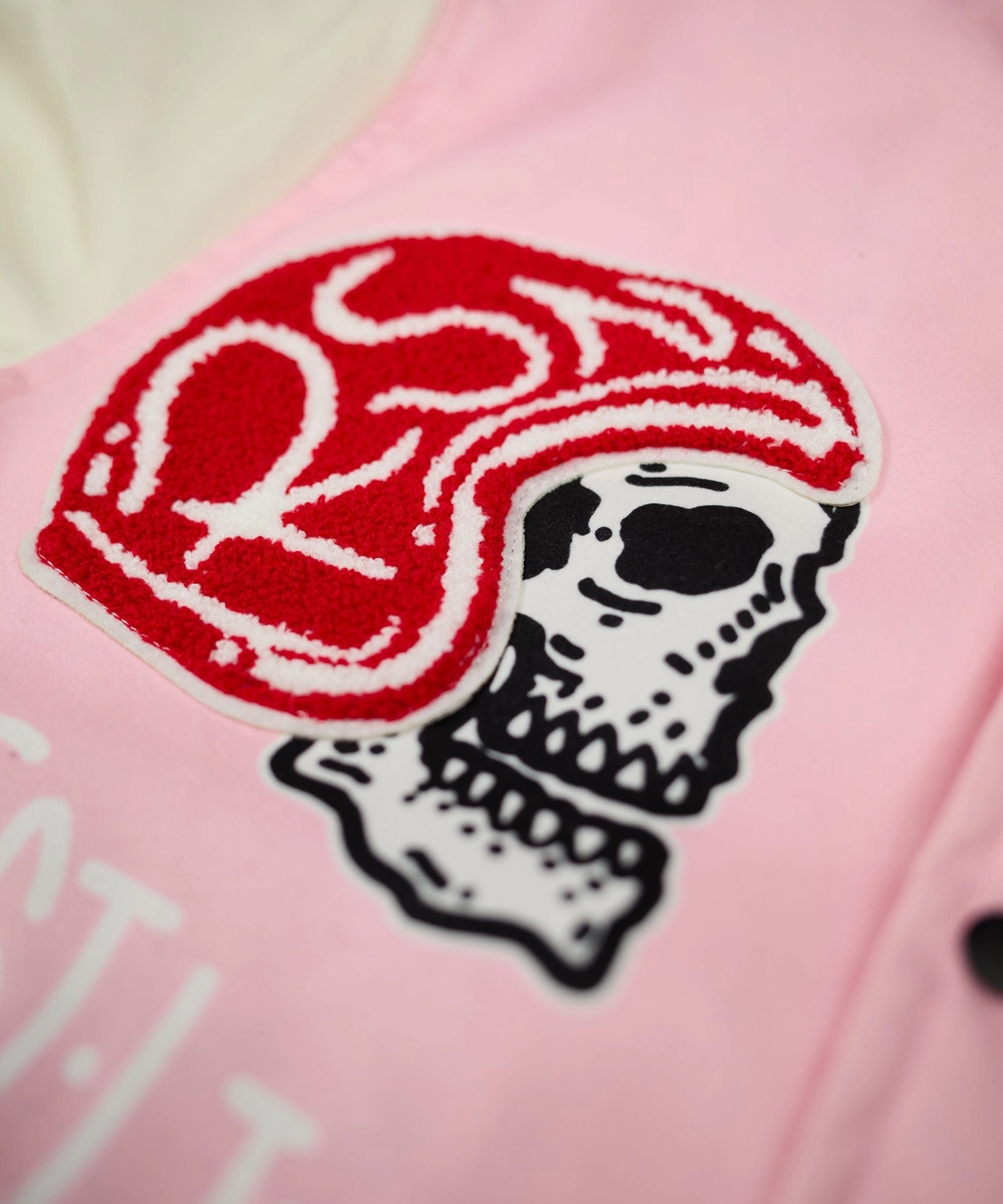 Noise Free Zipper Bridges Burn Chenille Patched Varsity Jacket - Pink