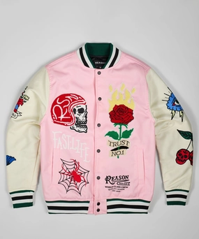 AntiStaticCoating Bridges Burn Chenille Patched Varsity Jacket - Pink