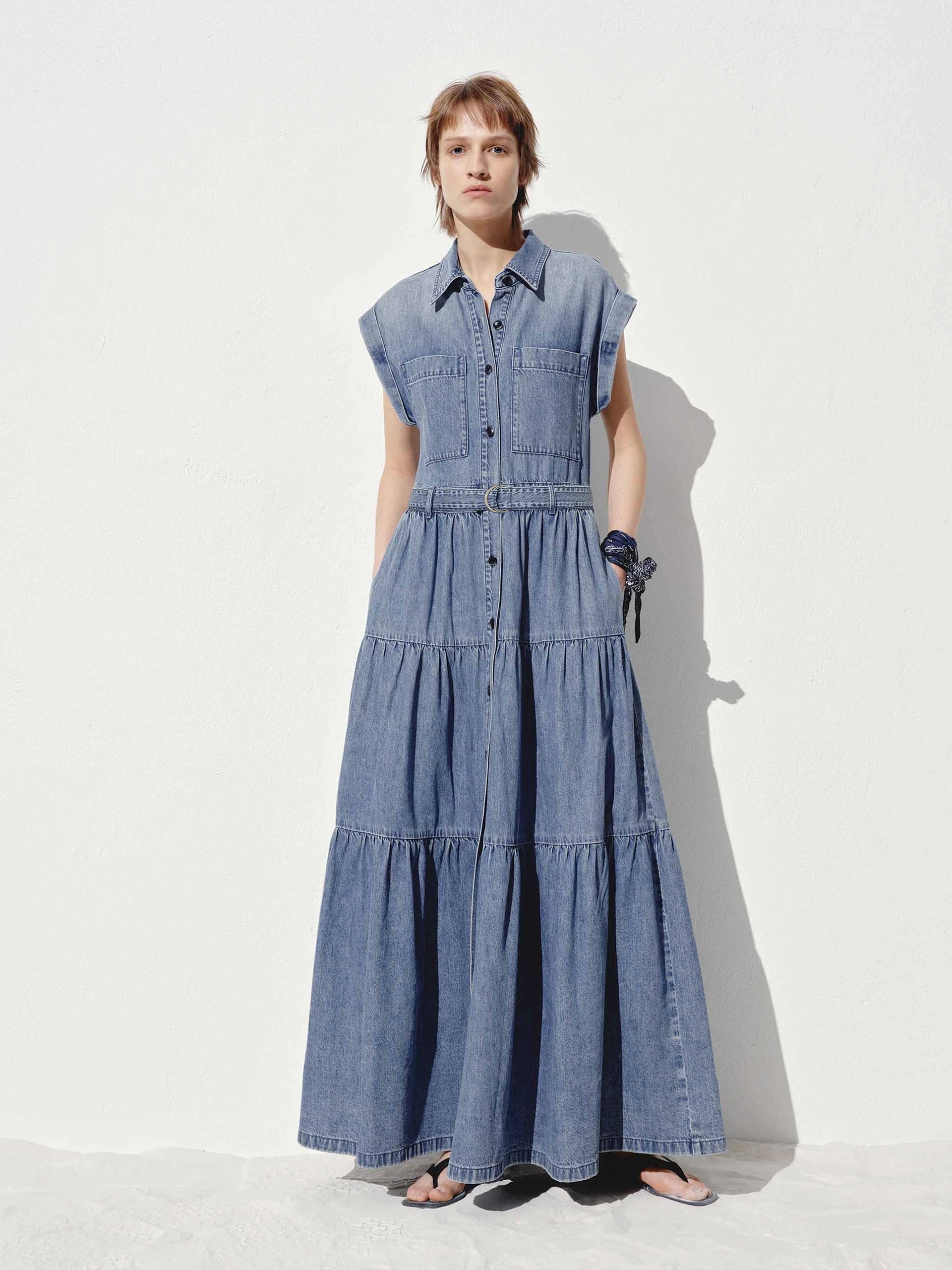 Include Belt Cotton Denim Dress Classic Cut Feminine Movement