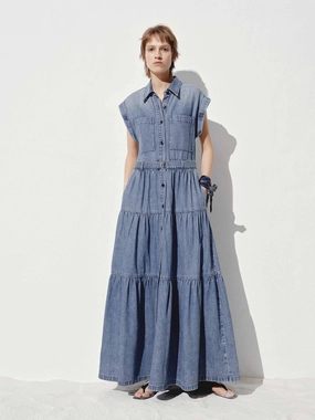 Include Belt Cotton Denim Dress Classic Cut Feminine Movement
