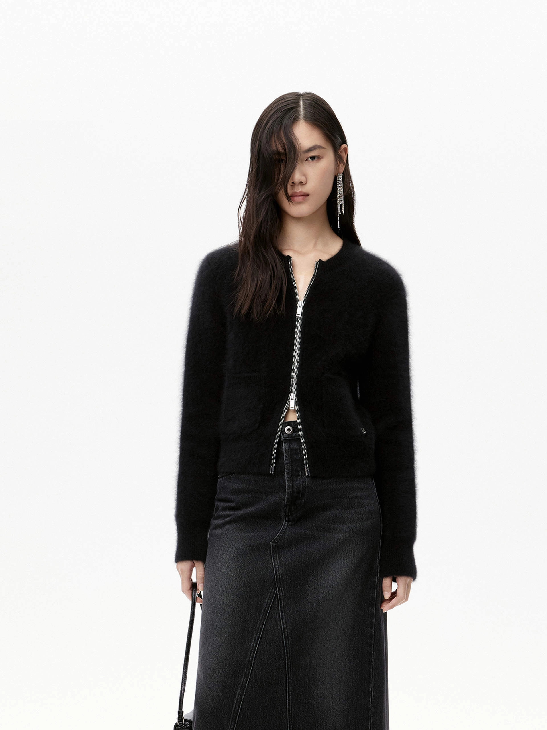 Brushed Cropped Cardigan RibbedTrim V-neck Shirt