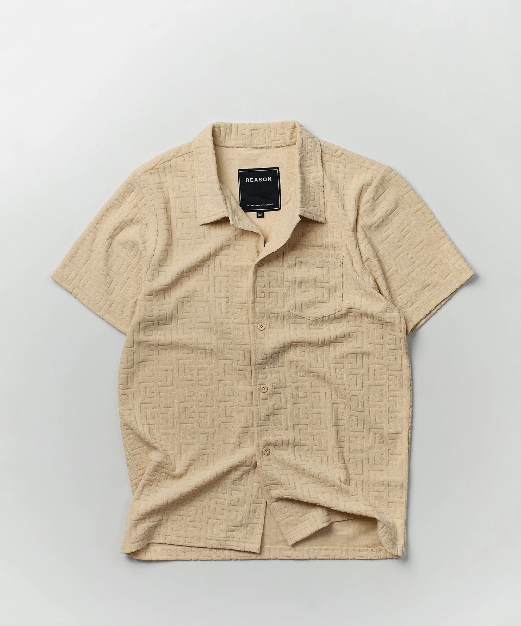 Layered Placket Design Towel Short Sleeve Embossed Pattern Button Down Shirt - Khaki