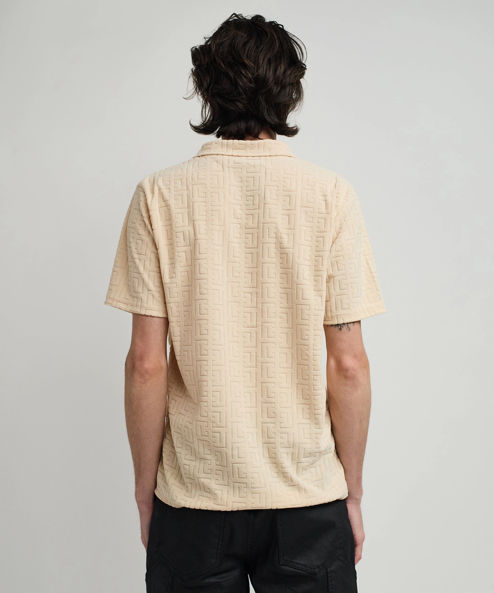 AntiOdorTreatment Towel Short Sleeve Embossed Pattern Button Down Shirt - Khaki
