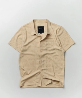 Layered Placket Design Towel Short Sleeve Embossed Pattern Button Down Shirt - Khaki