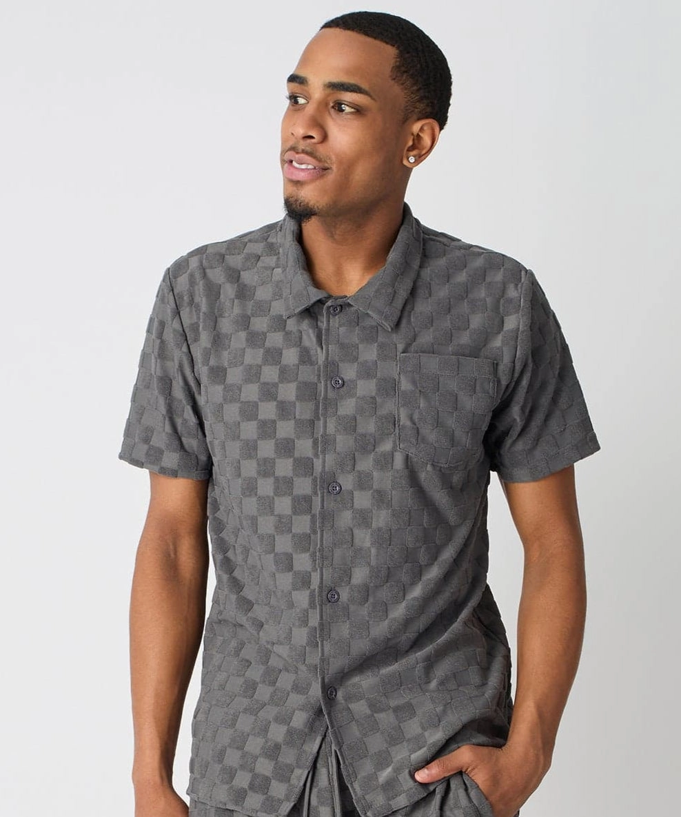 Checkerboard Towel Color Blocked Short Sleeve Button Down Shirt - Grey AdjustableCuffSystem