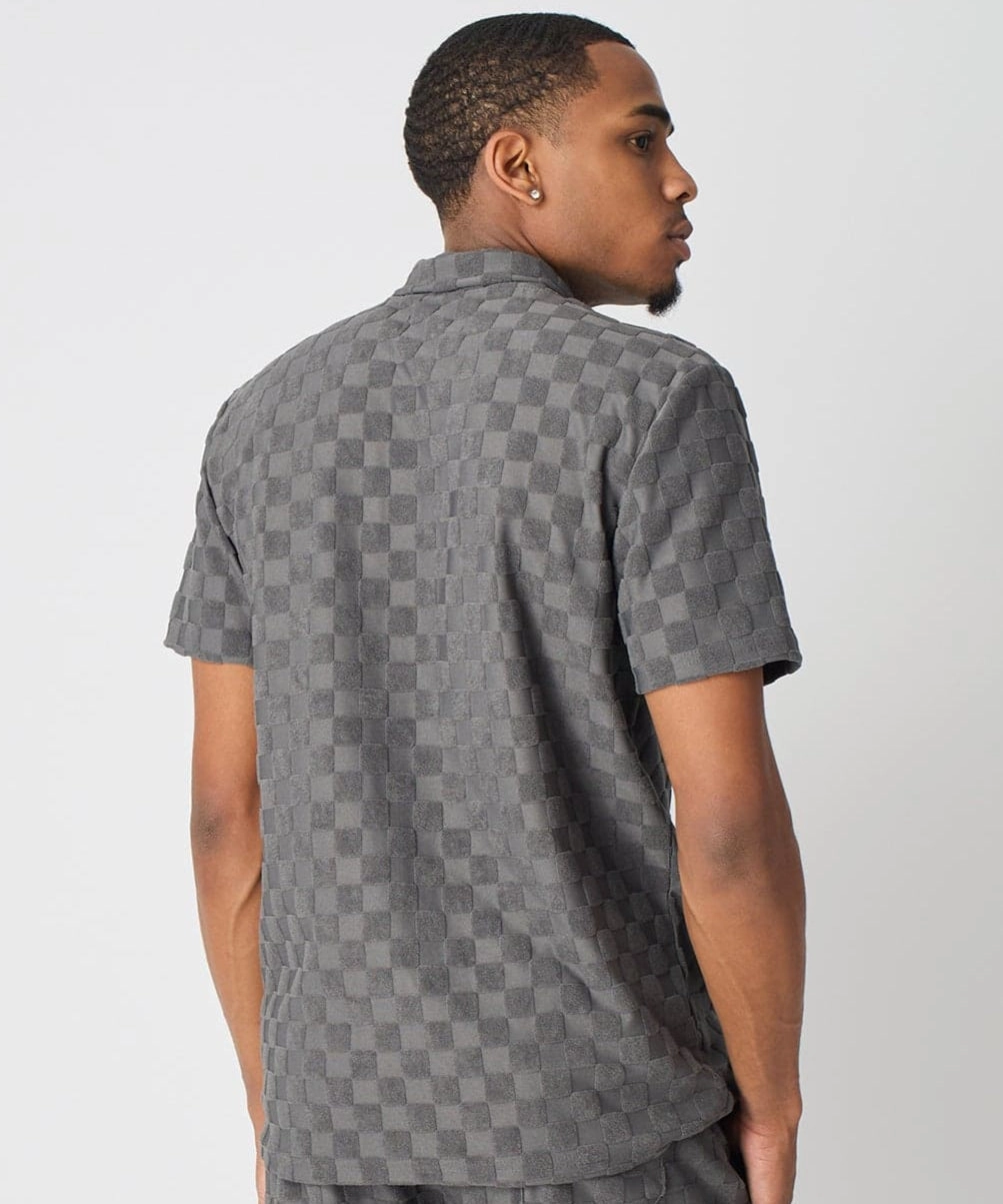 Checkerboard Towel Color Blocked Short Sleeve Button Down Shirt - Grey Relaxed Top