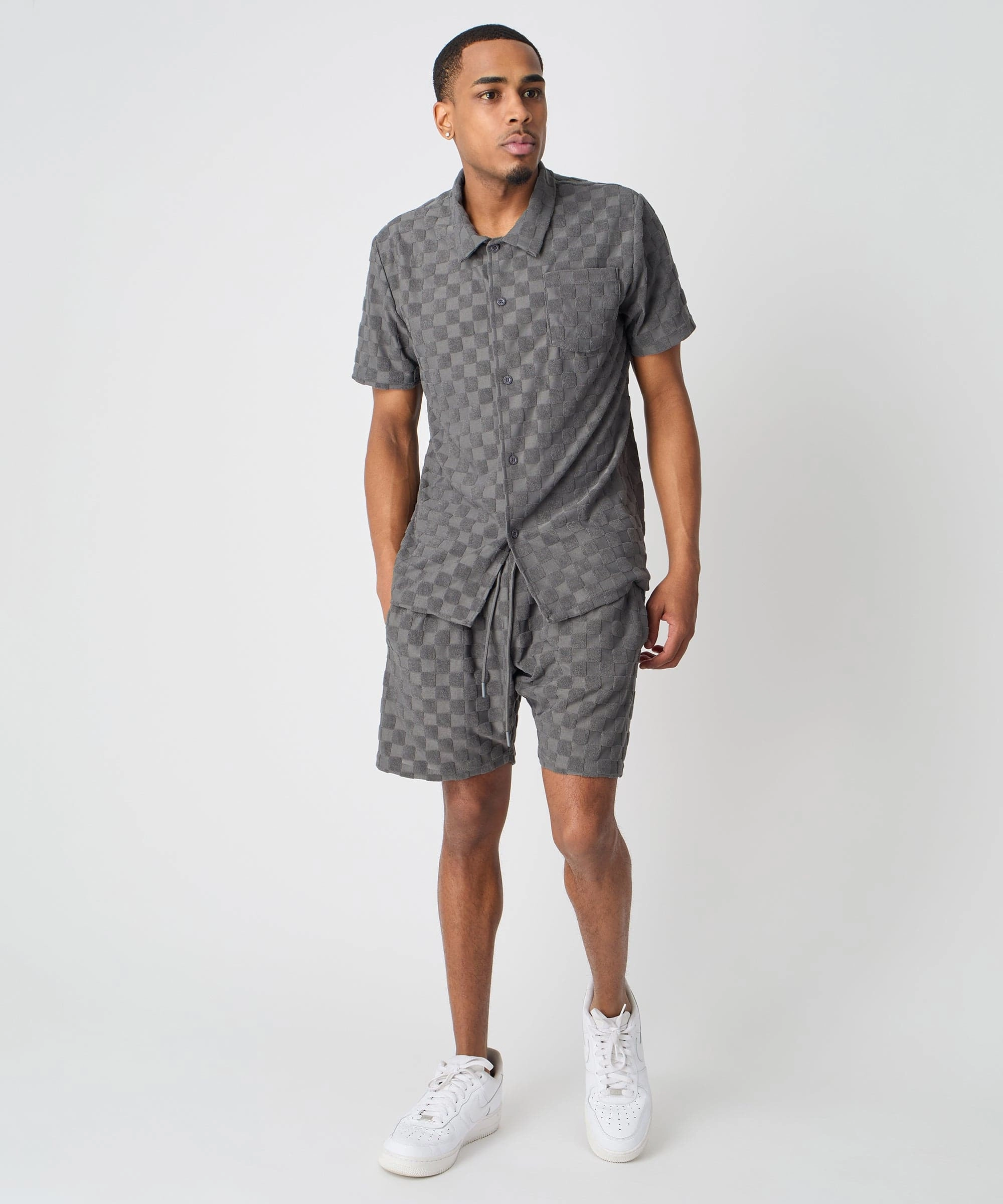 RibbedHemline Checkerboard Towel Color Blocked Short Sleeve Button Down Shirt - Grey