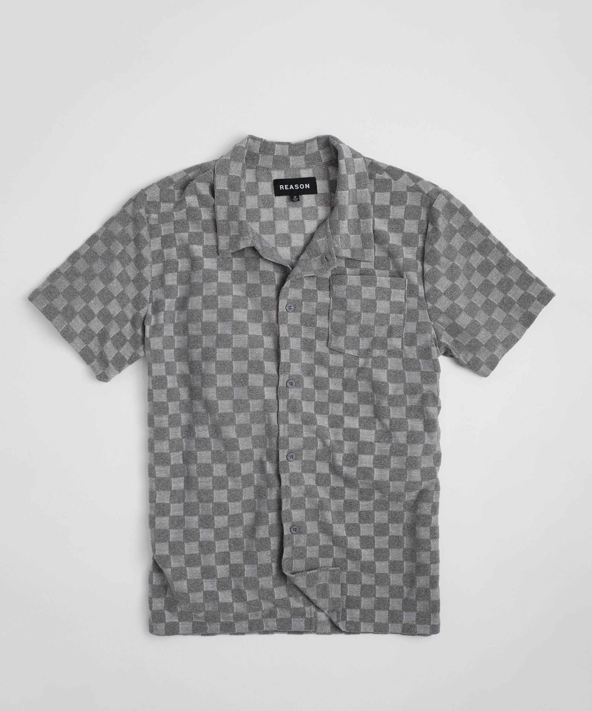 Bold Design NonRestrictive Armholes Checkerboard Towel Color Blocked Short Sleeve Button Down Shirt - Grey