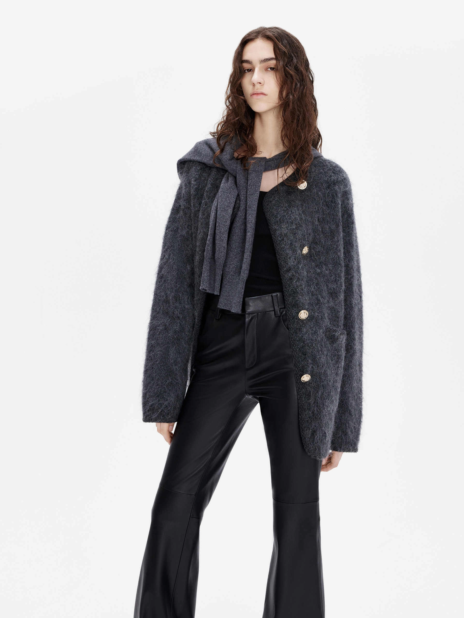 Brushed Wool Blend Knit Cardigan Comfortable Look