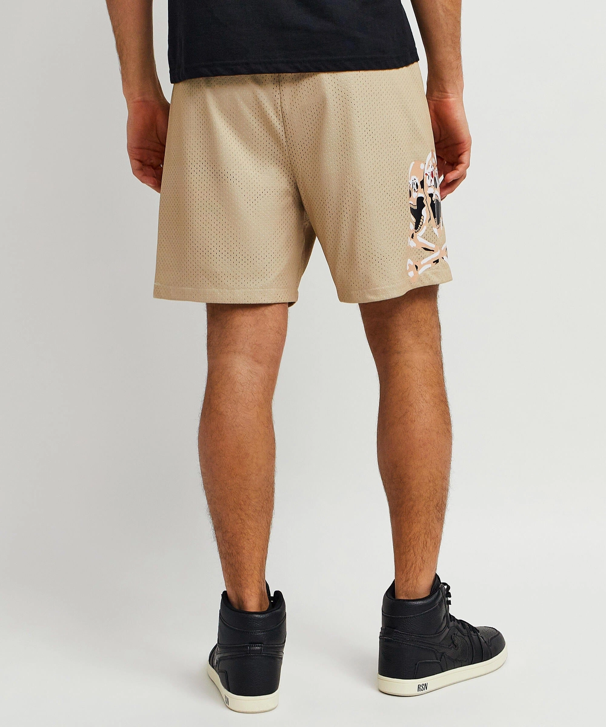 Relaxed Crew Neck Opening Burn Mesh Shorts - Khaki