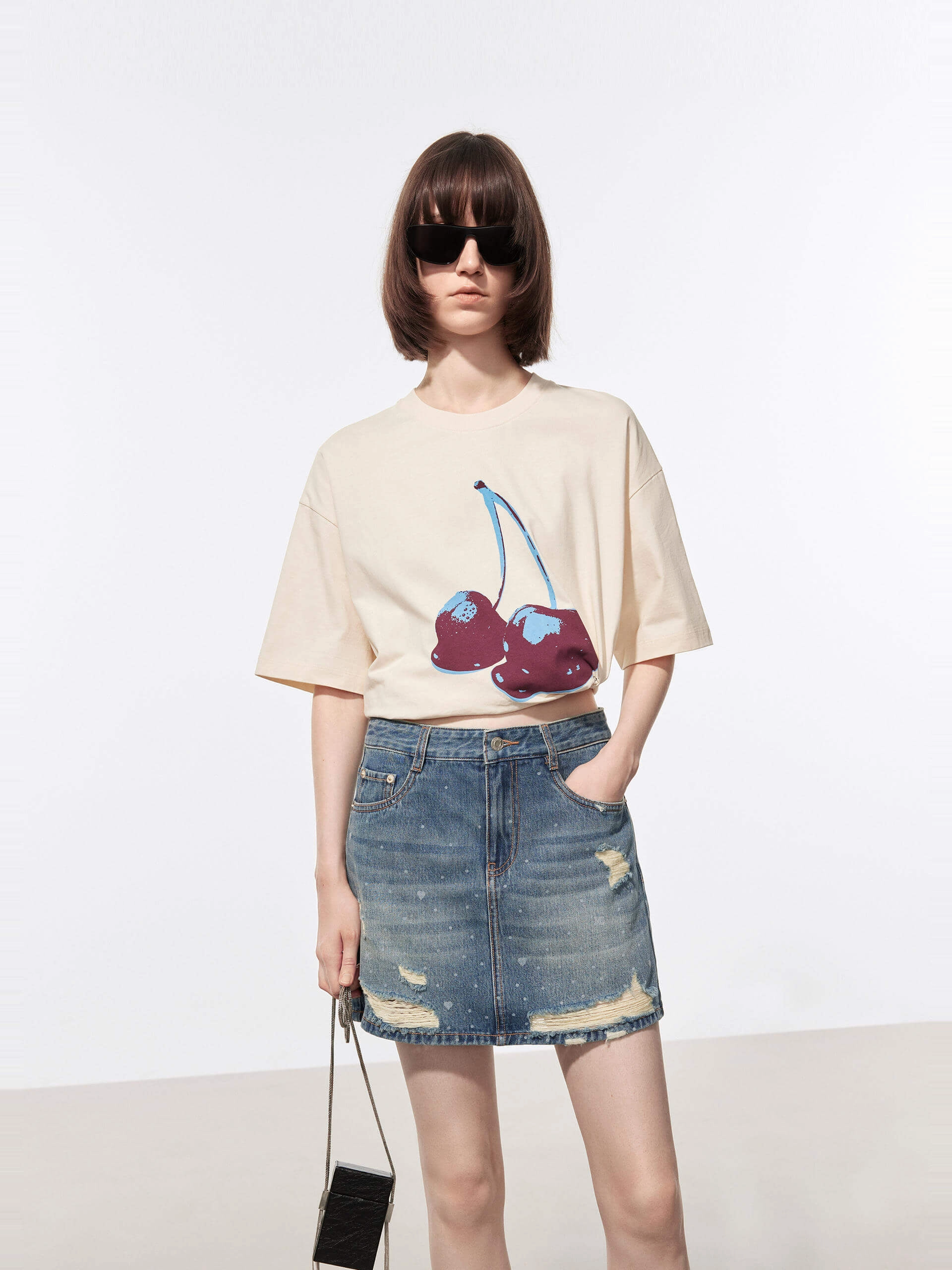Cherries Pattern Cotton T-shirt Outdoor Trend Look Classic Crew Neck