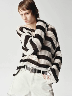 Adjustable Fit System Striped Distressed Knit Sweater