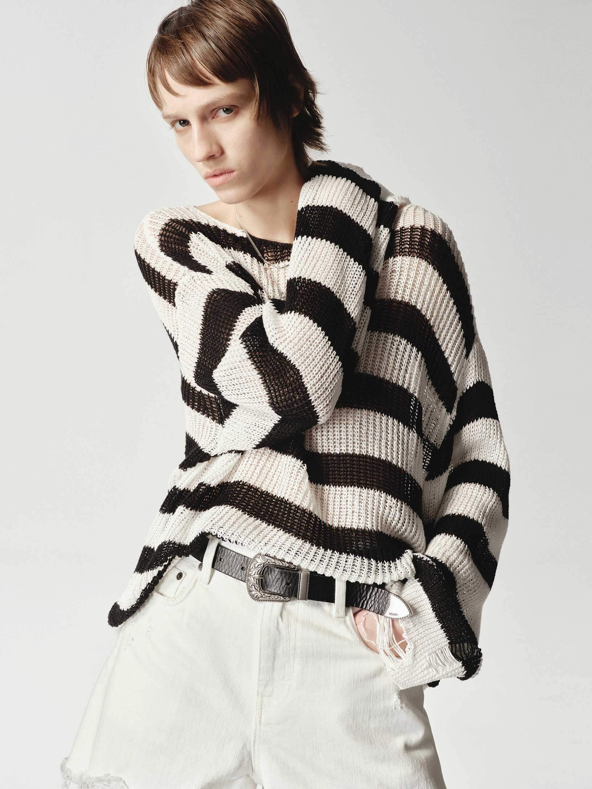 Raw Edge Finish Flexible Neckline Striped Distressed Knit Sweater