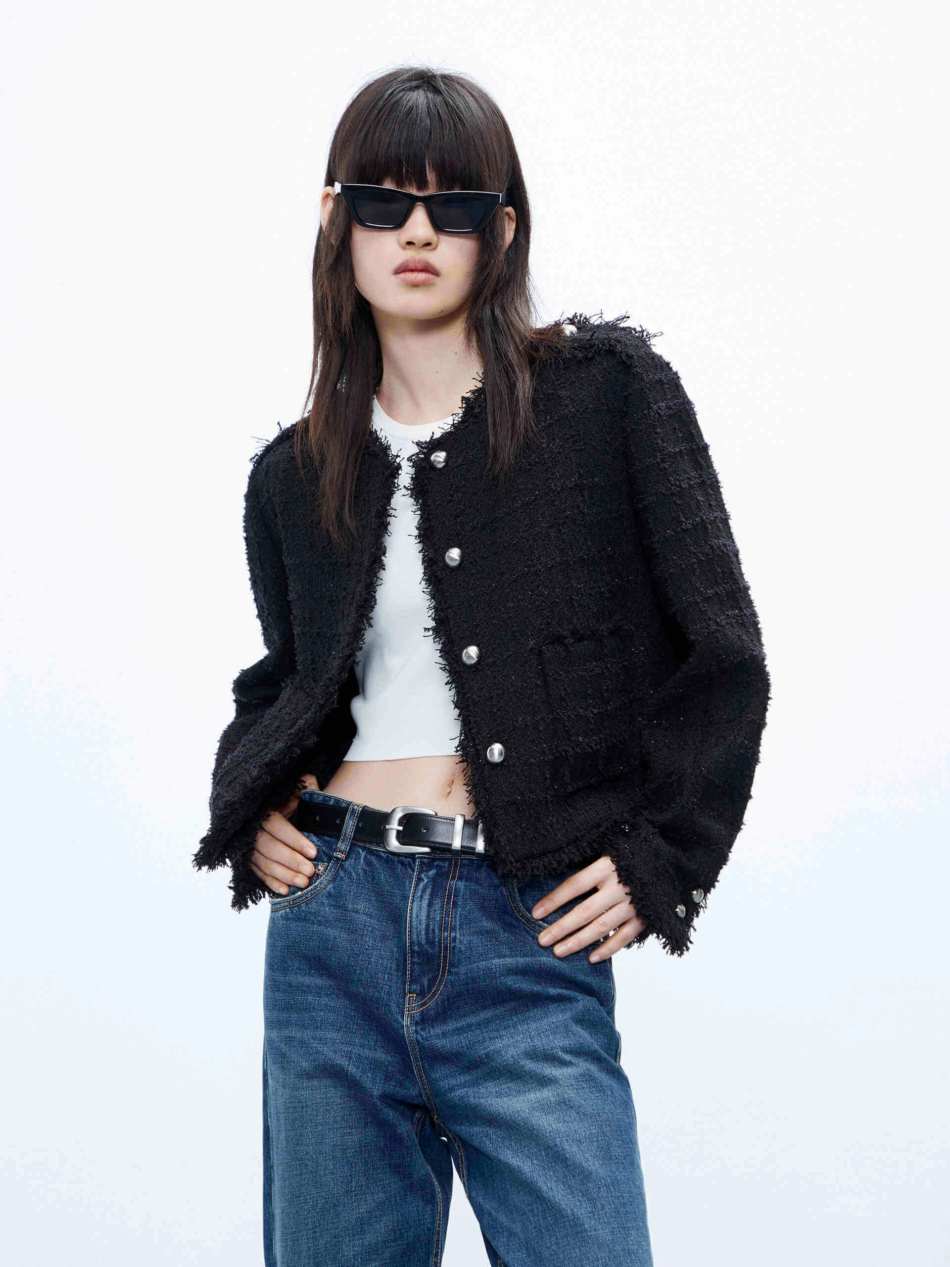 Reinforced Hems Sun Protection Fabric Button Closure Tweed Jacket