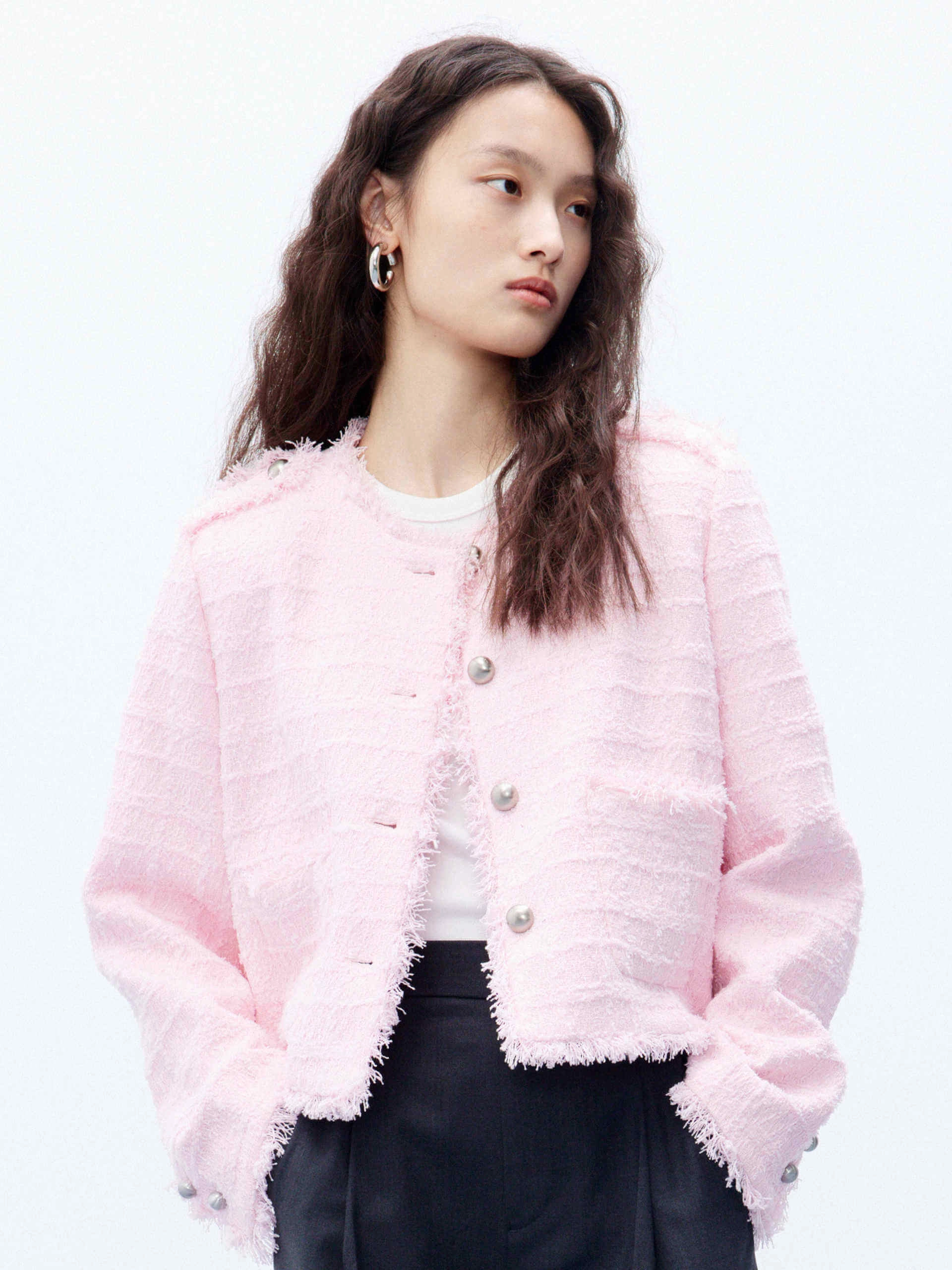Button Closure Tweed Jacket Biodegradable Fiber Composition