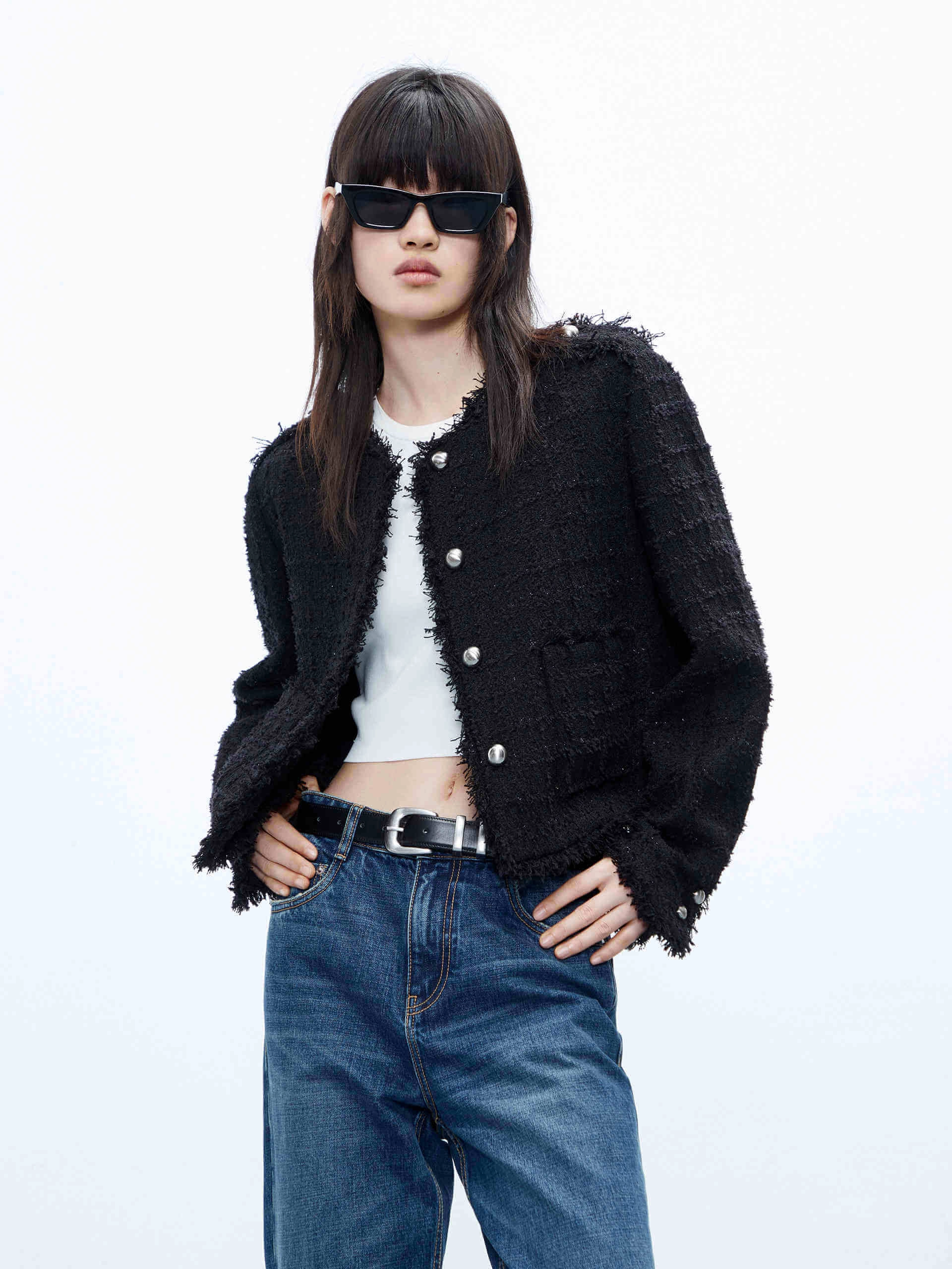 Button Closure Tweed Jacket Laser Cut Edges