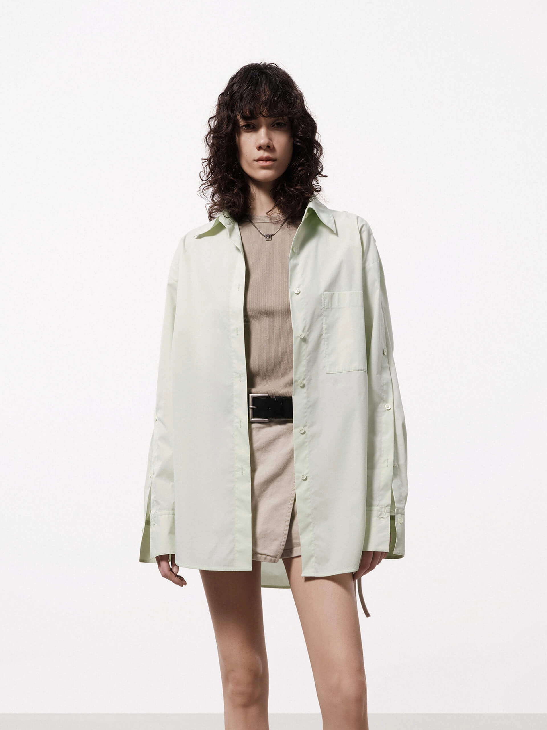 Button Sleeve Loose Shirt RibbedTexture Recycled Polyester Blend