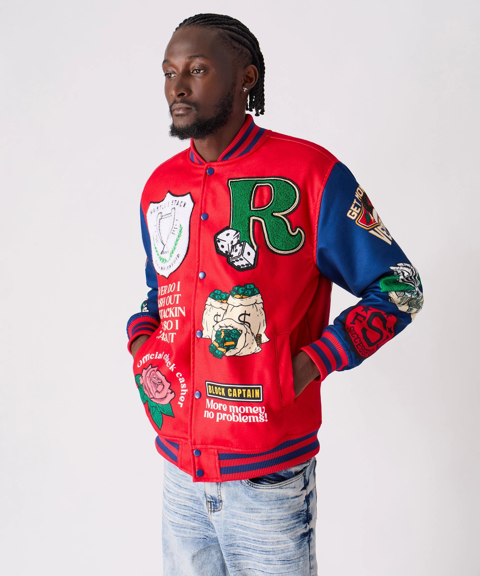 High Collar Options Softshell Fabric Captain Varsity Jacket - Red