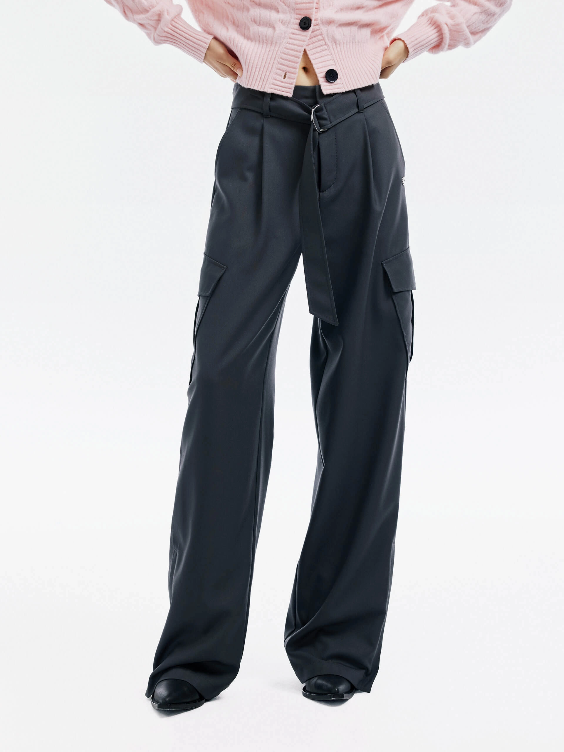 Cargo Pocket Belt Pants Recycled Polyester Blend Neutral Style