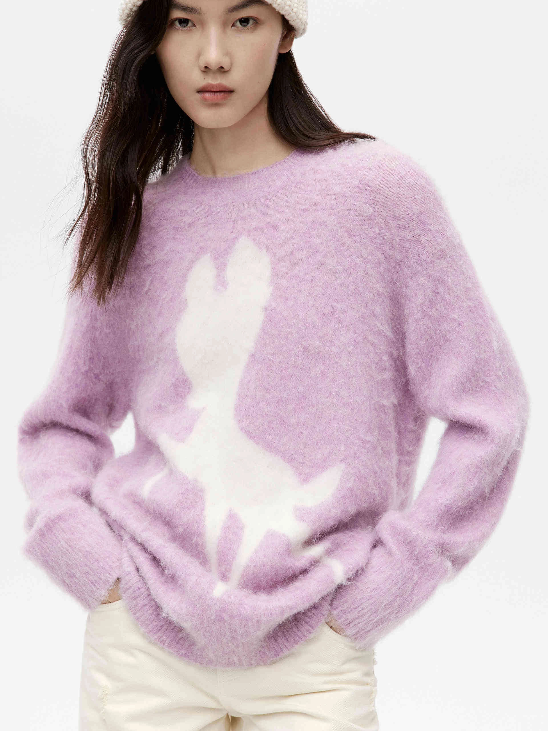 Cartoon Pattern Fuzzy Sweater SnagFreeKnit Oversized Collar