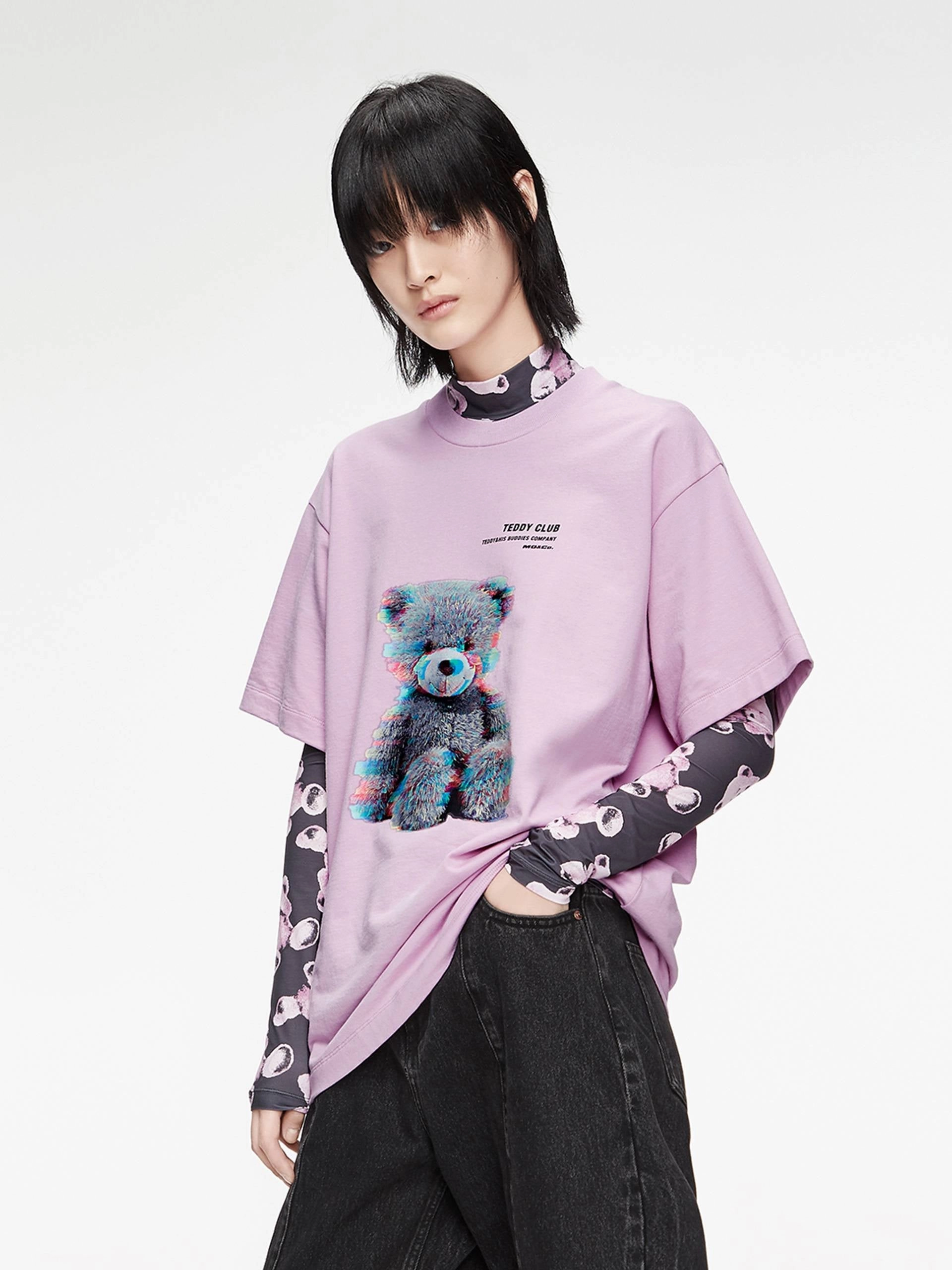 Heathered Texture Cartoon Print Cotton T-shirt