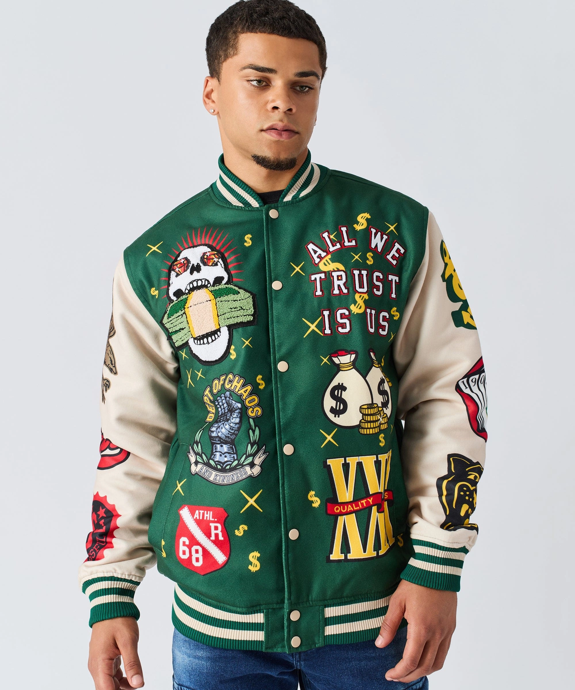 Cash Flow Chenille Patched Varsity Jacket - Green Reflective Zippers Noise Free Fabric