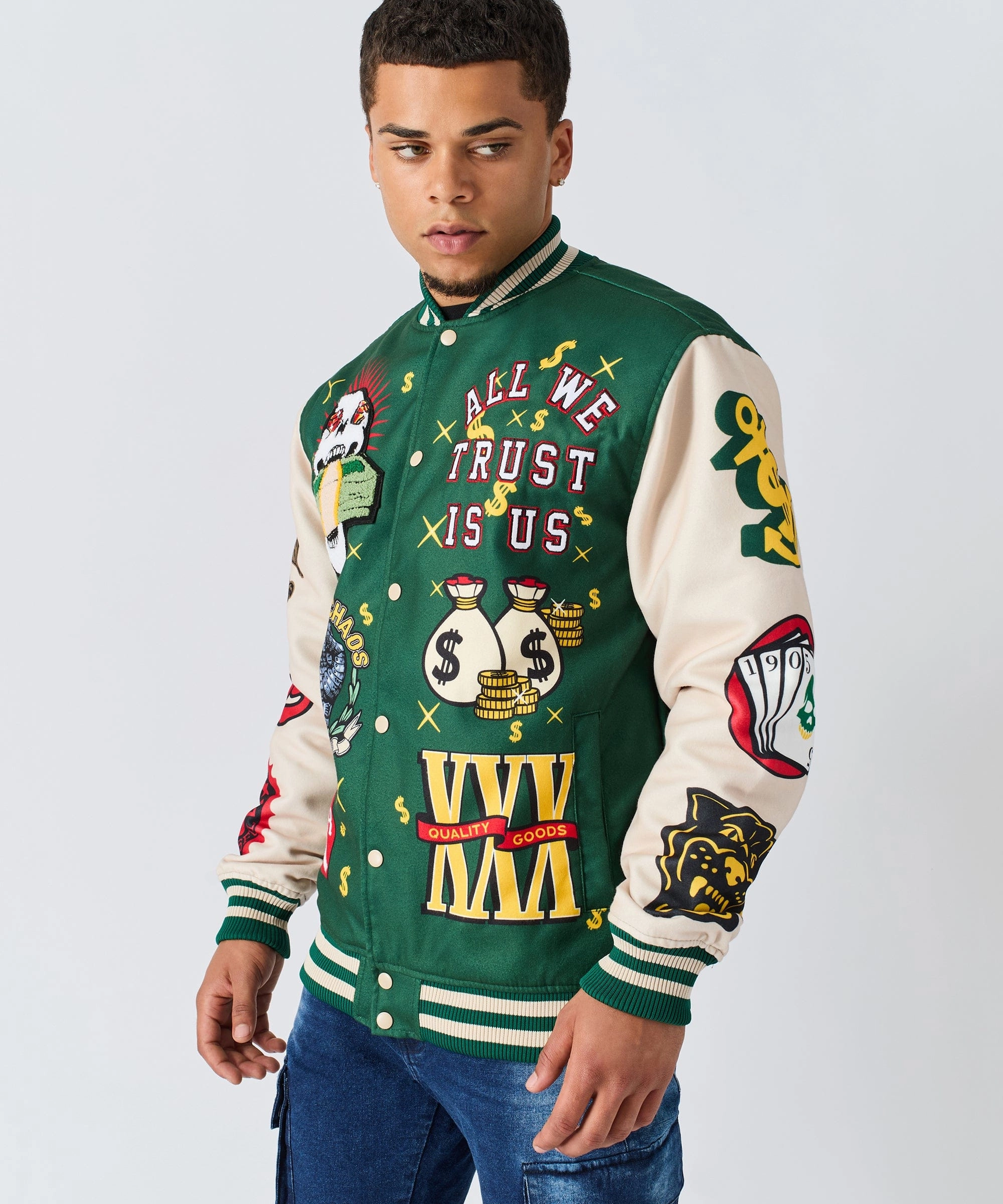 Cash Flow Chenille Patched Varsity Jacket - Green Travel Street Style