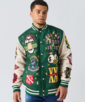 Cash Flow Chenille Patched Varsity Jacket - Green Reflective Zippers Noise Free Fabric