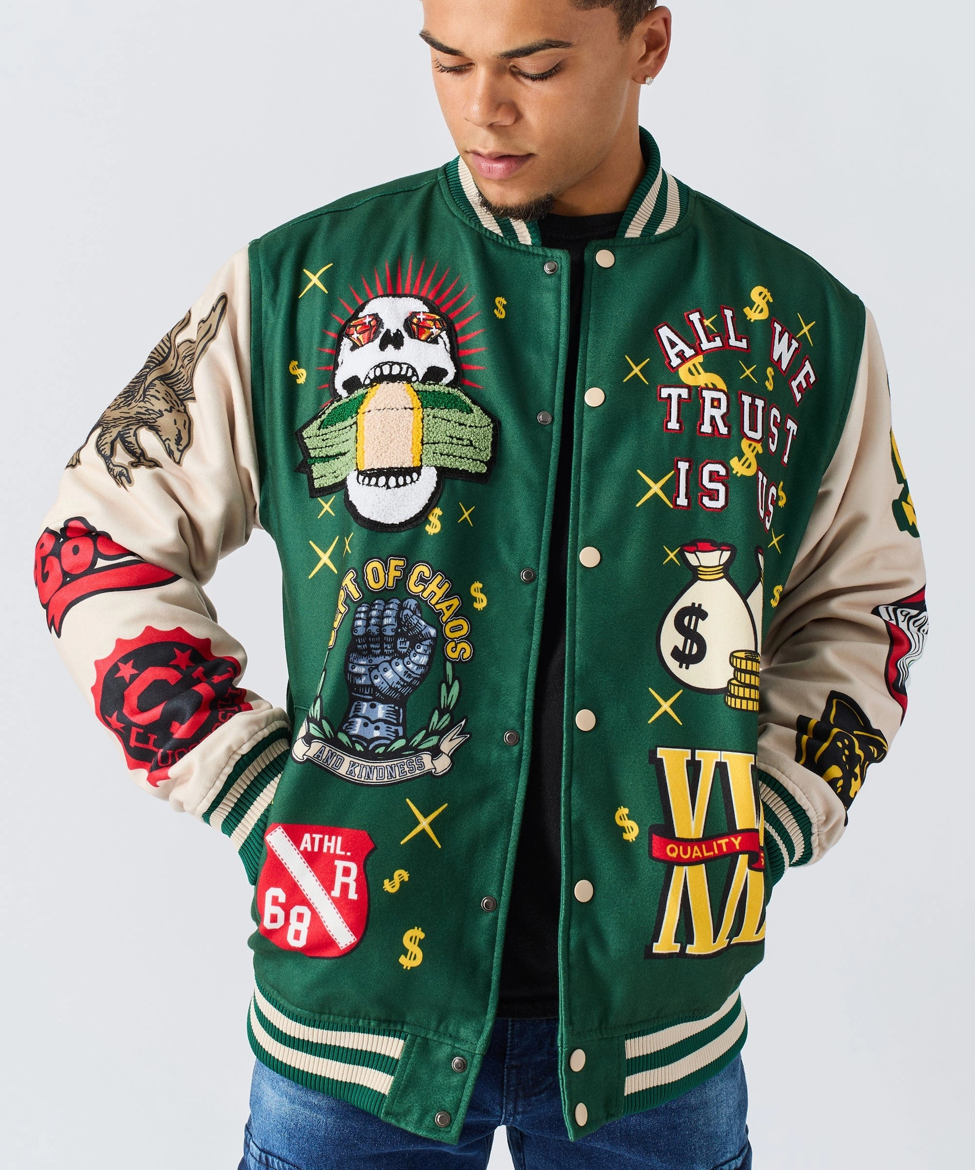 Cash Flow Chenille Patched Varsity Jacket - Green Compression Fit Softshell Coating