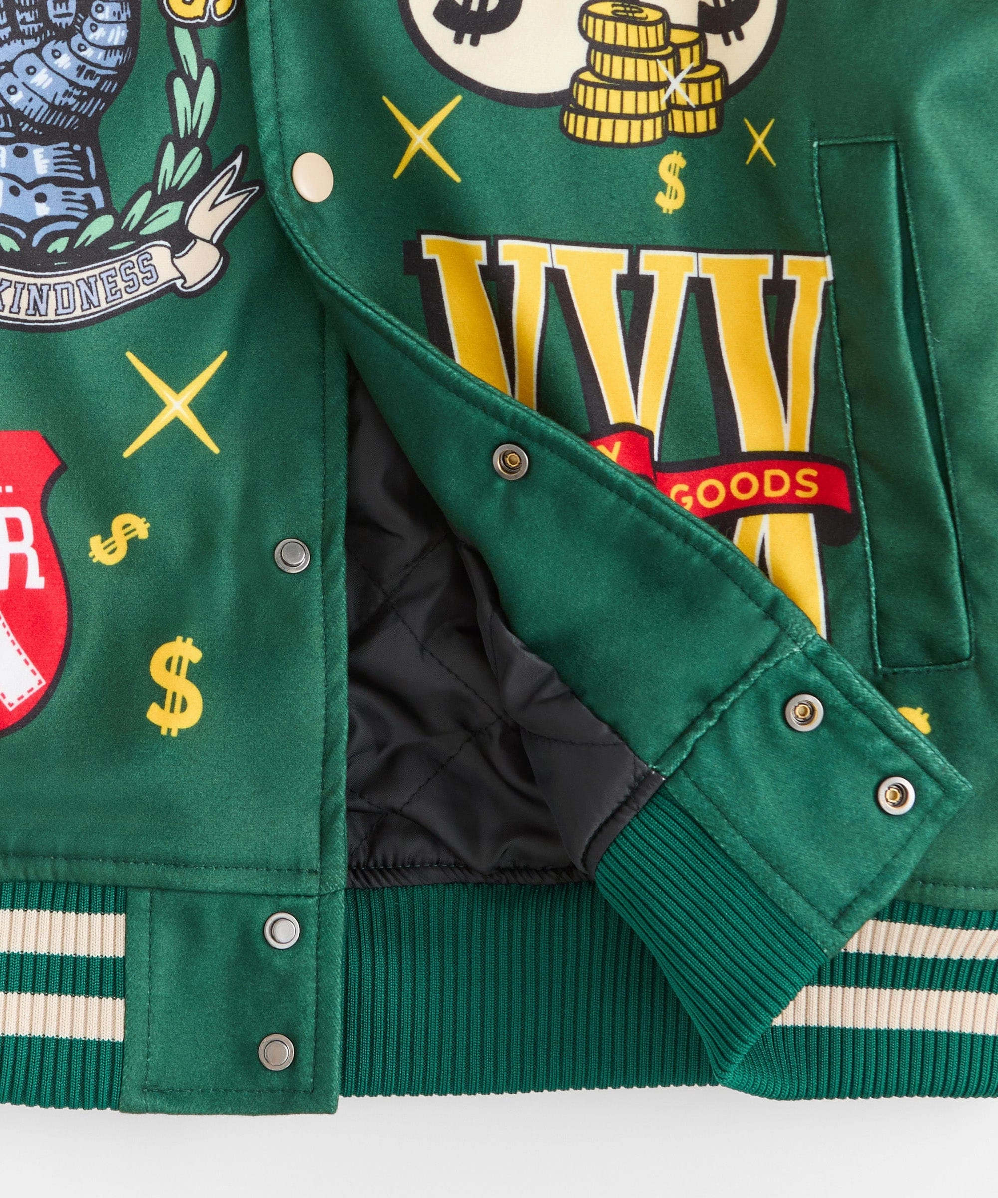 Cash Flow Chenille Patched Varsity Jacket - Green Cozy Layering Gloss Free Texture