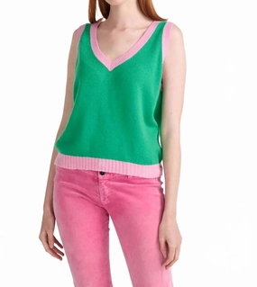 Cashmere Sweater Vest In Green/ Pink Fast Drying Soft Knit Piece