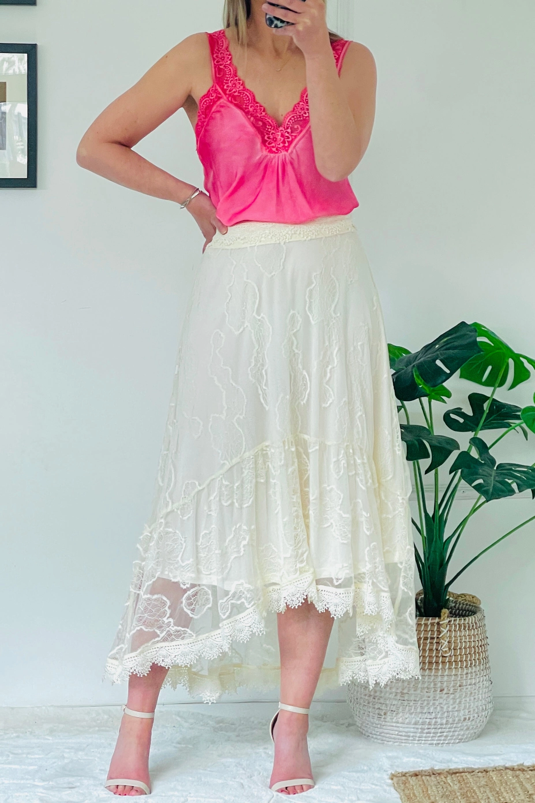 Geometric Print Double Stitched Valencia Lace Embroidered Tulle Skirt