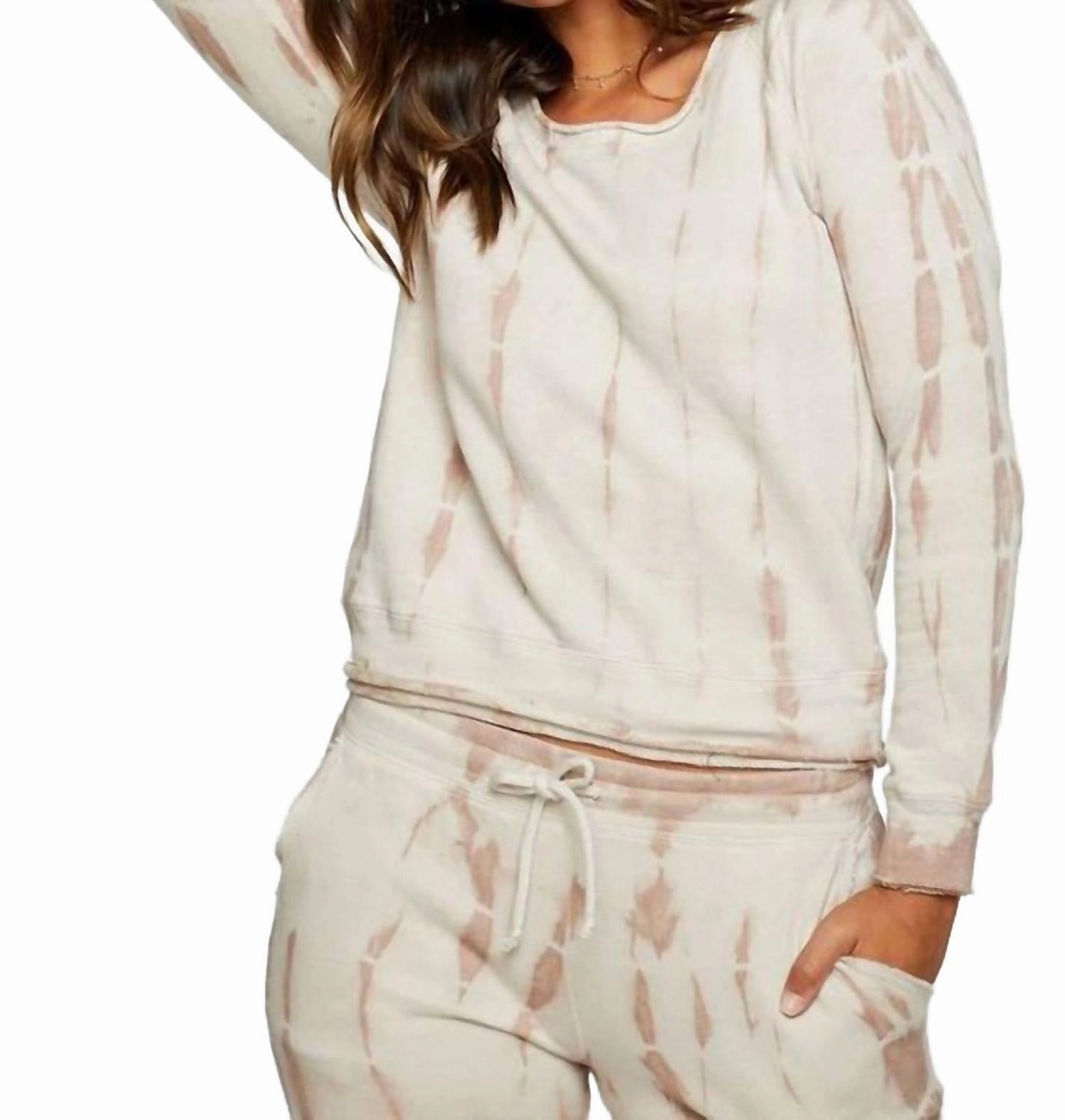 Luxury Comfort Cold Weather Gear Linen French Terry Long Sleeve Raw Edge Raglan Pullover In Sandbar Tie Dye