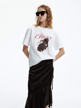 Lightweight Wear SoftTouchFinish Cat Pattern Cotton T-shirt