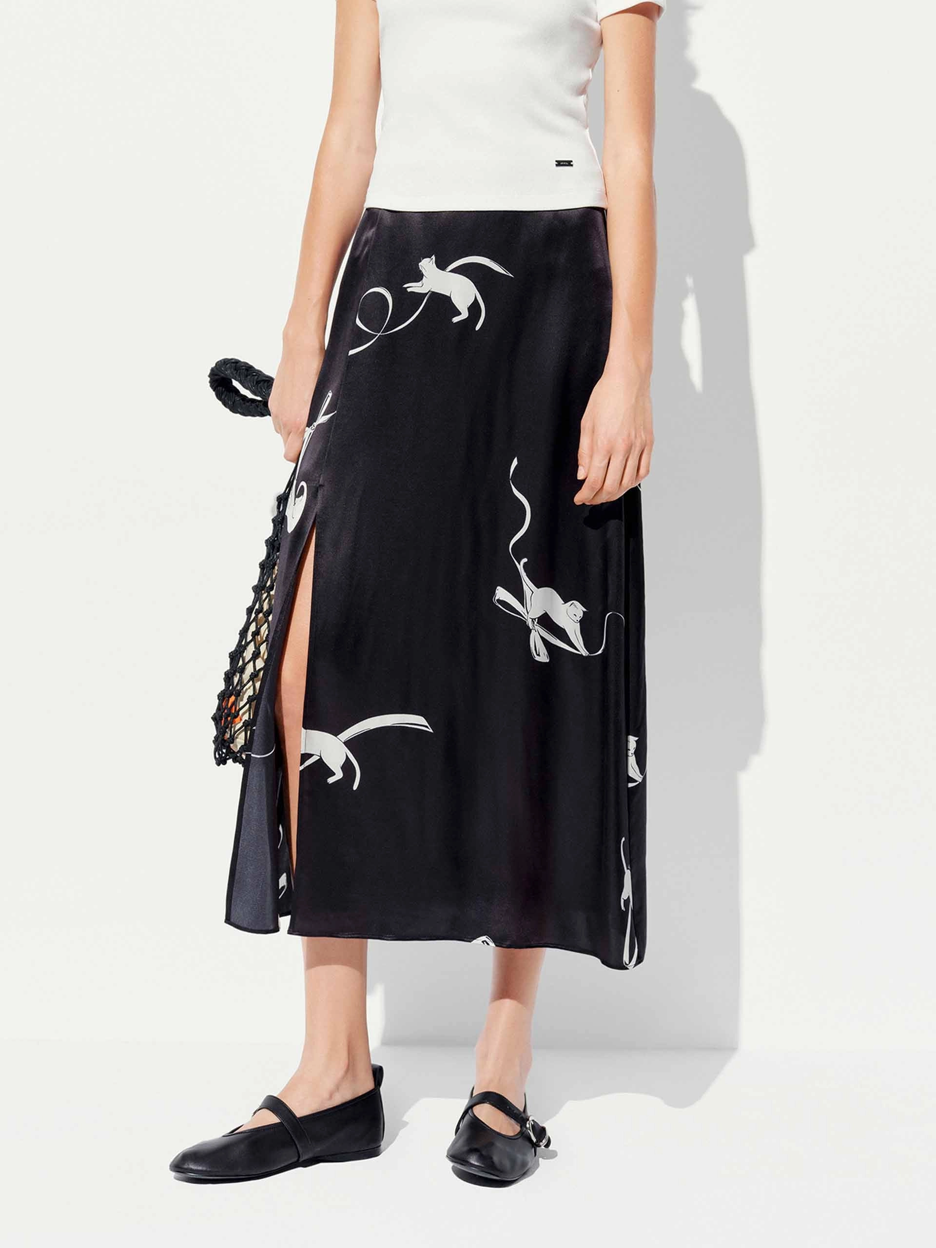 Cat Pattern Satin Skirt Fit Comfort Perfect Fit