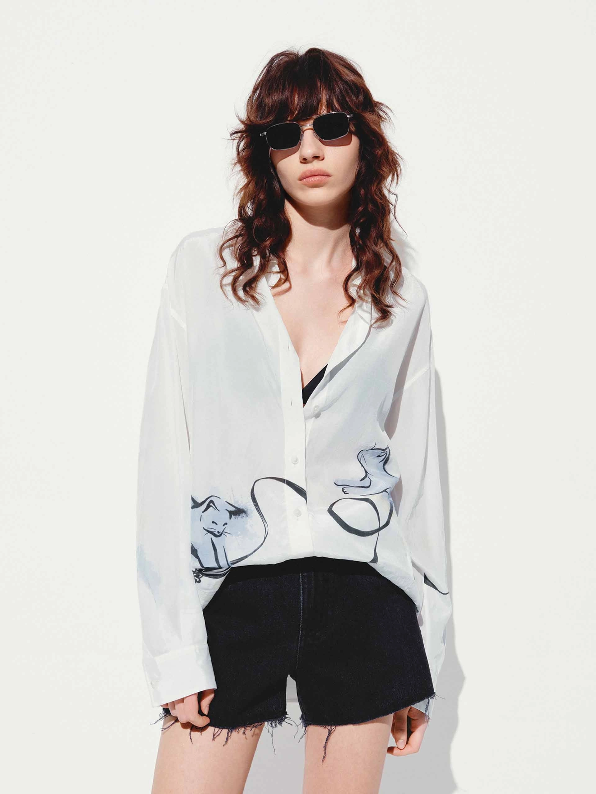 Cat Print Long Sleeves Shirt VentilatedMeshPaneling Earthy Tone Colorways