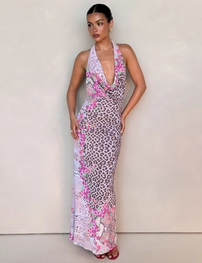 Invisible-Zip CATALINA MAXI DRESS - NEUTRAL : ANIMAL : ANIMAL FLORAL BORDER
