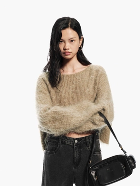 Brushed Cropped Sweater BreathableBack Classic Crew Neck