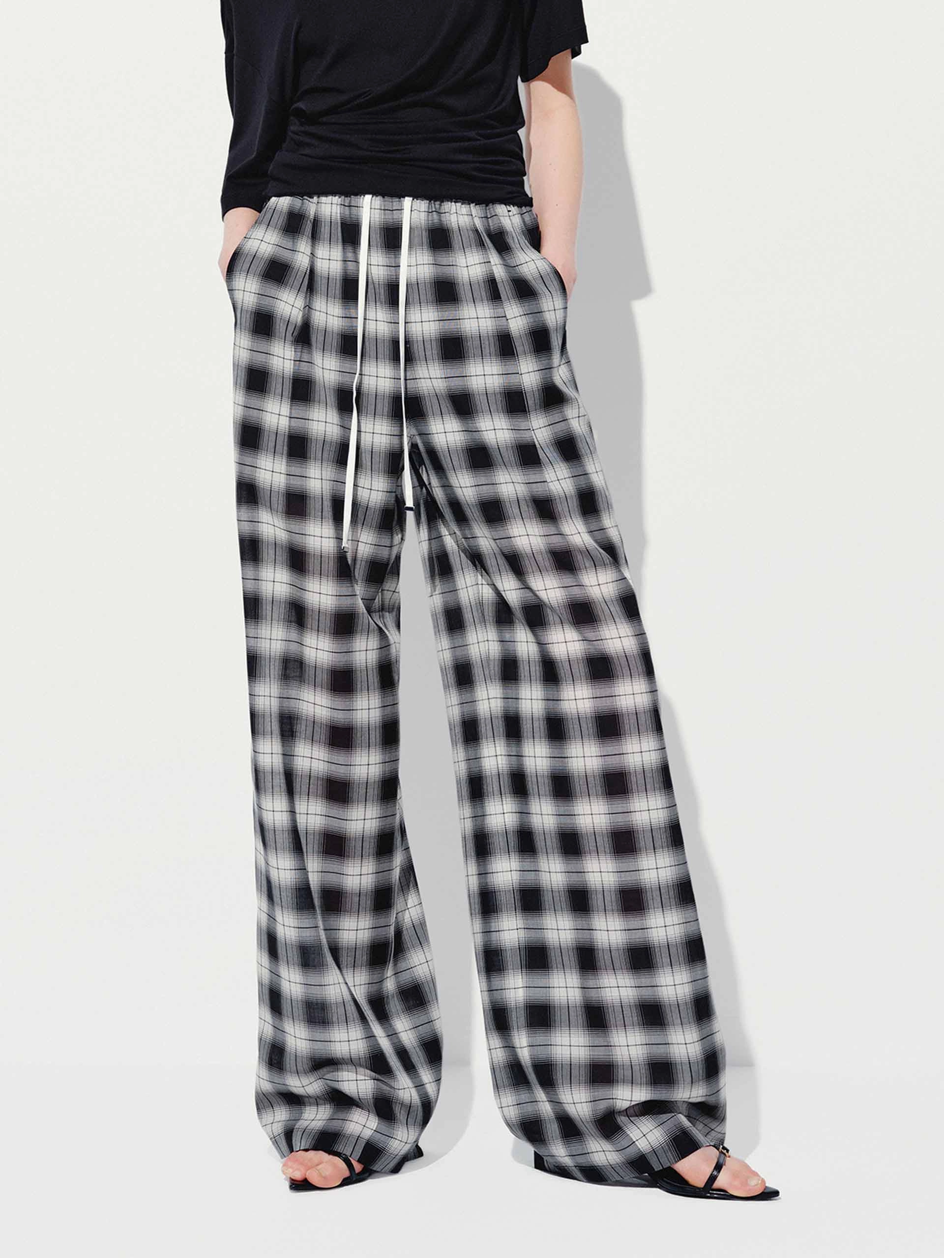 Checked Drawstring Trousers Trendy Cut LightweightWeave