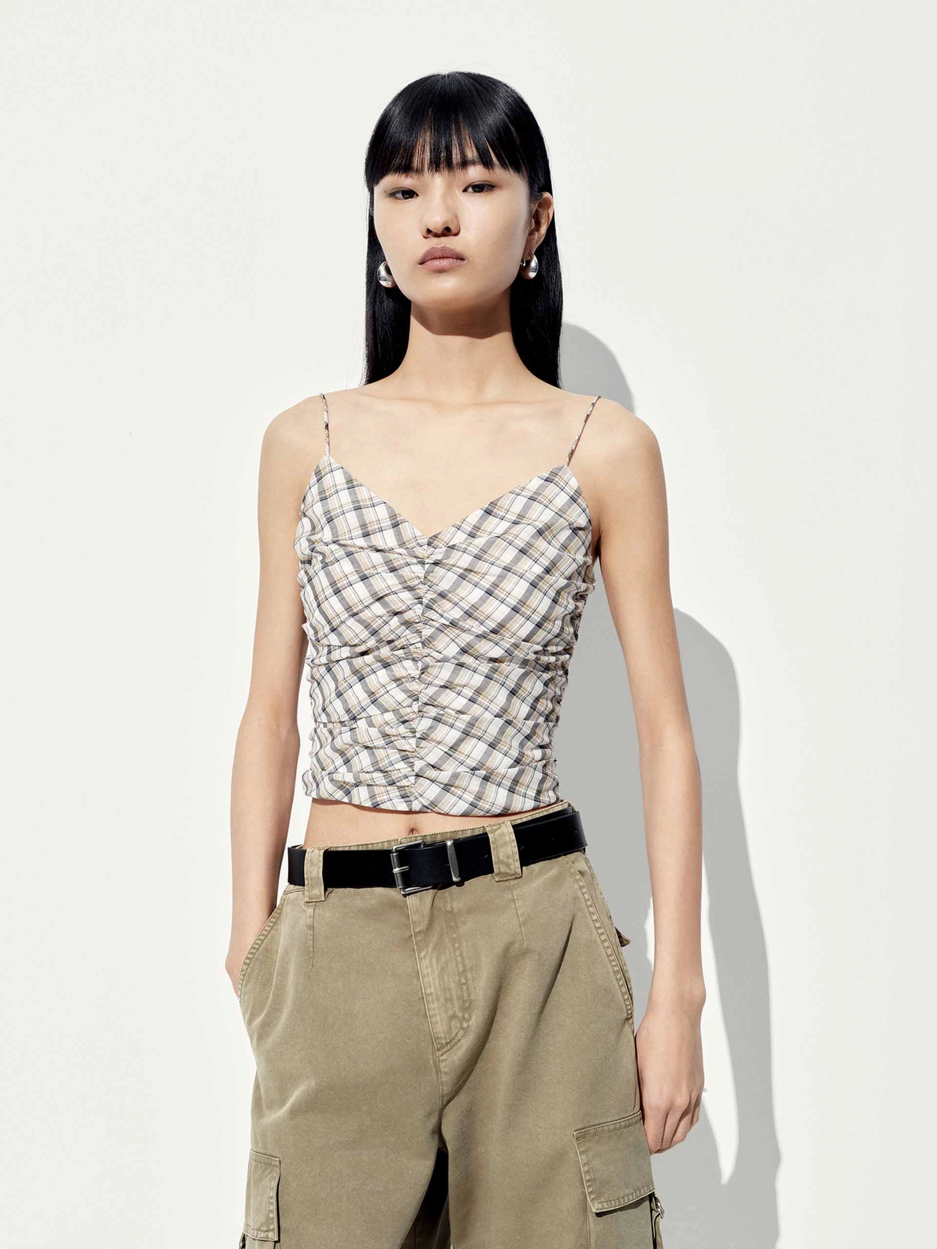 LayeredStyling Hidden Zipper Pocket Checked V-neck Cami Top
