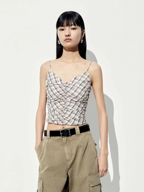 LayeredStyling Hidden Zipper Pocket Checked V-neck Cami Top